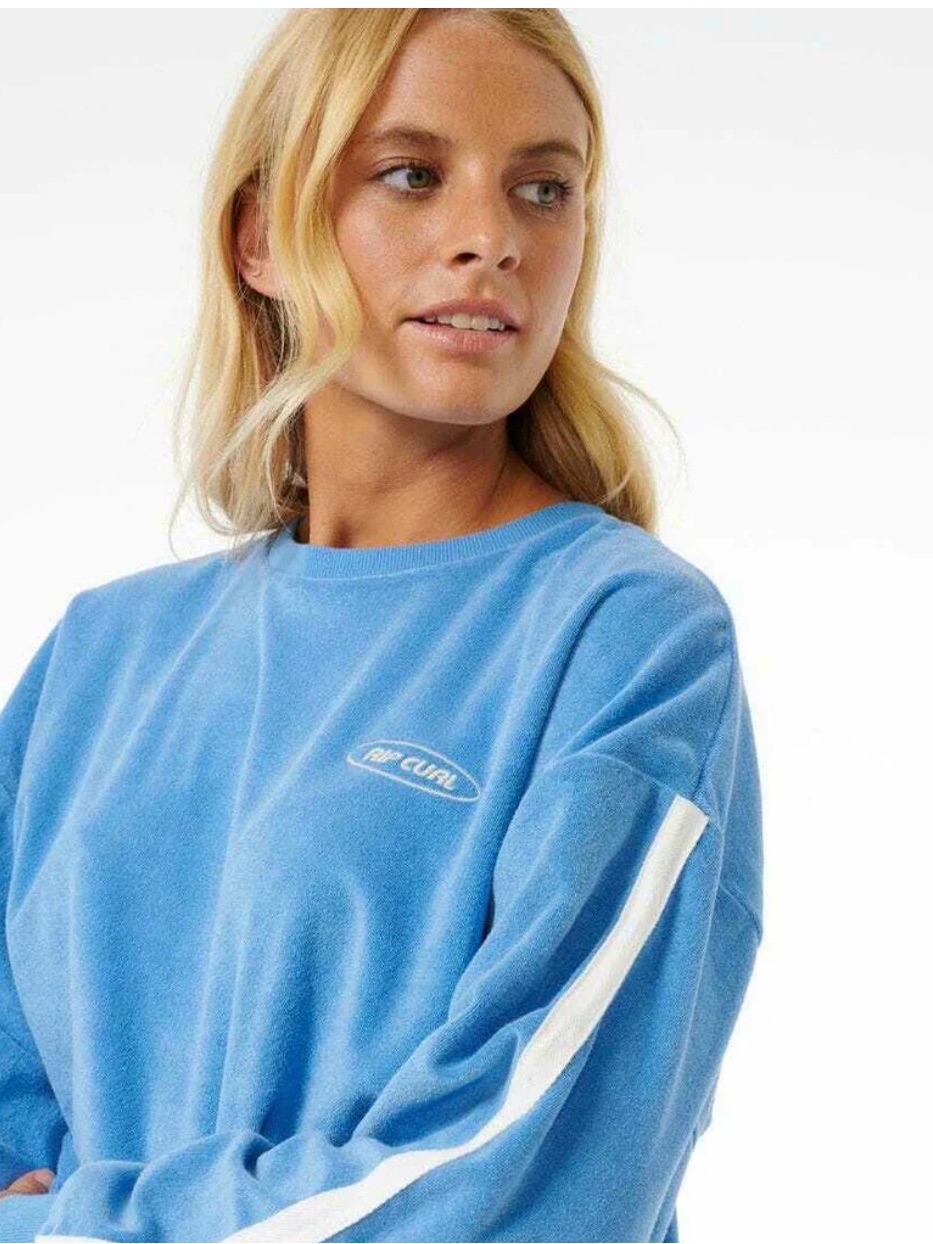 Rip Curl Light Blue Crewneck Sweatshirt With White Stripe Terry Cloth Small